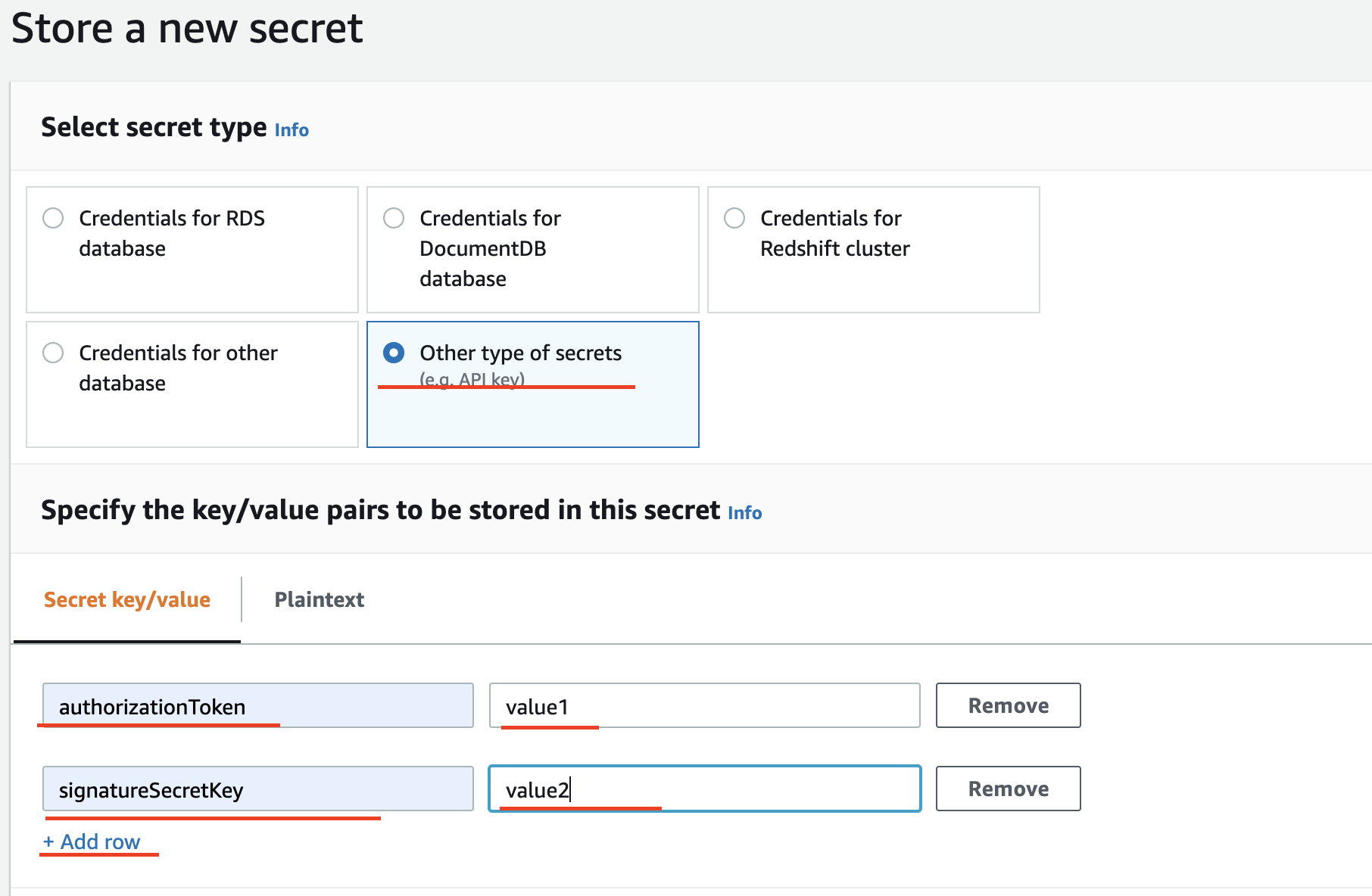 New AWS Secret configuration - step 2
