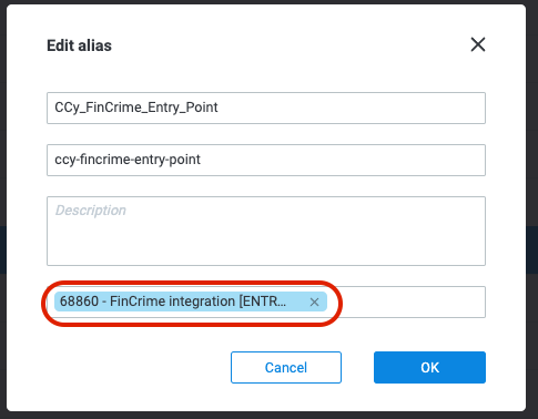 Changing the process ID in the Edit alias modal in the MPO UI