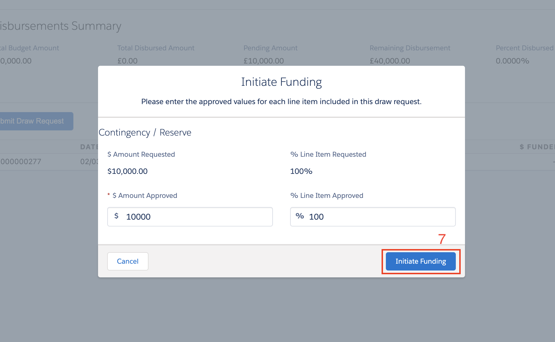 The Initiate Funding button highlighted in the modal popup in the nCino UI