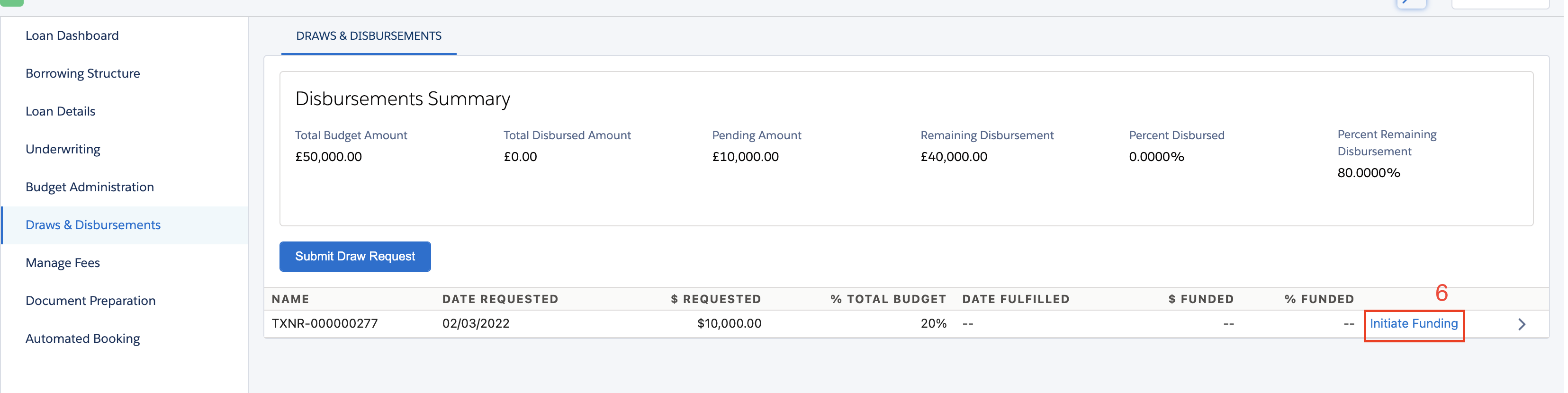 The Initiate Funding button in the Disbursements Summary page in the nCino UI