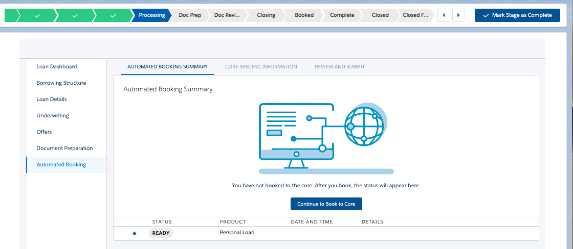 The Automate Booking Summary page in the nCino UI