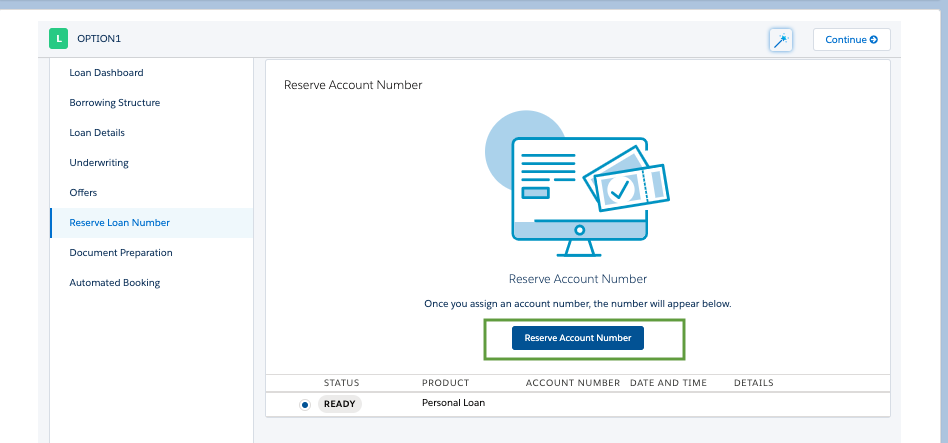The Reserve Loan Number page in the nCino UI