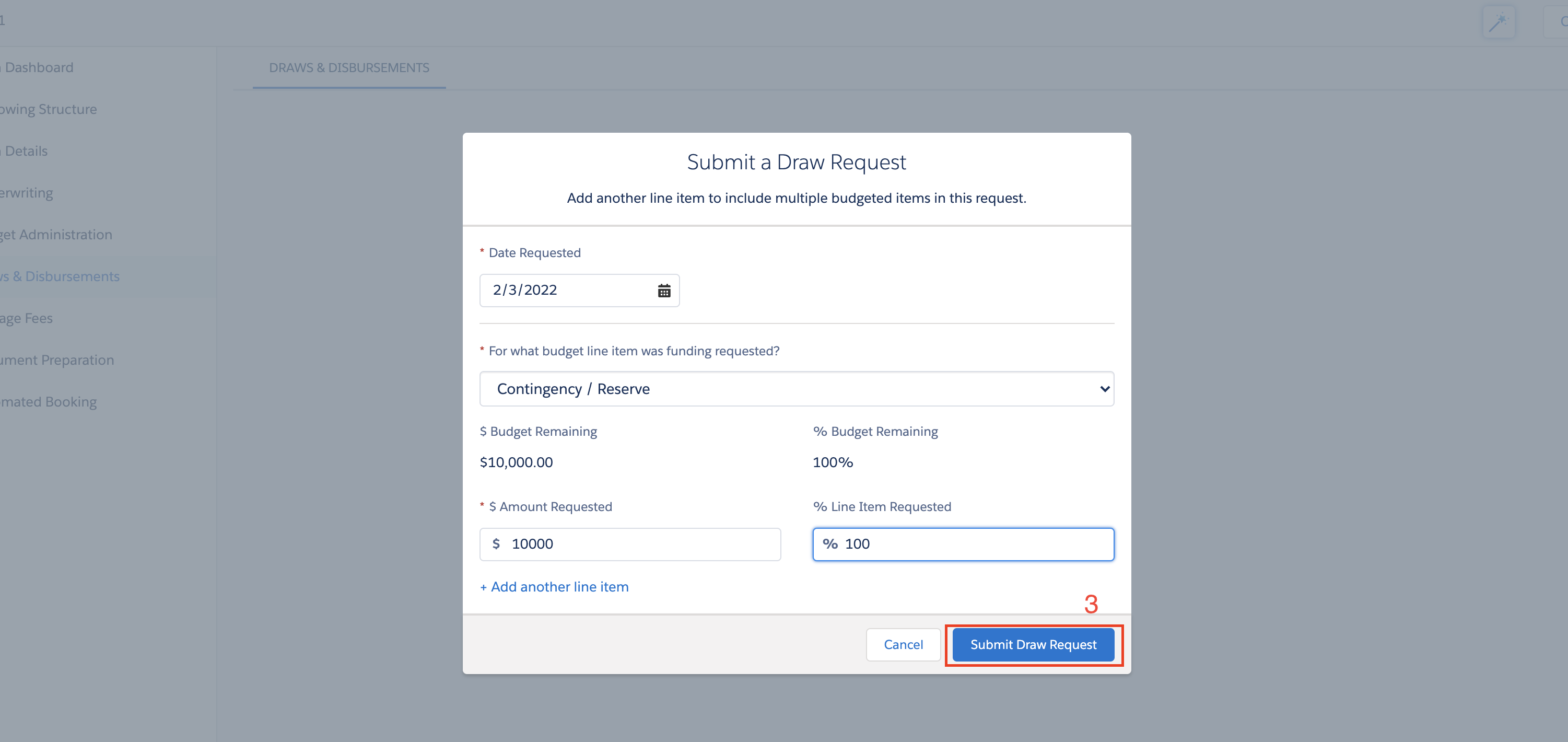 The Submit a draw request modal popup in the nCino UI