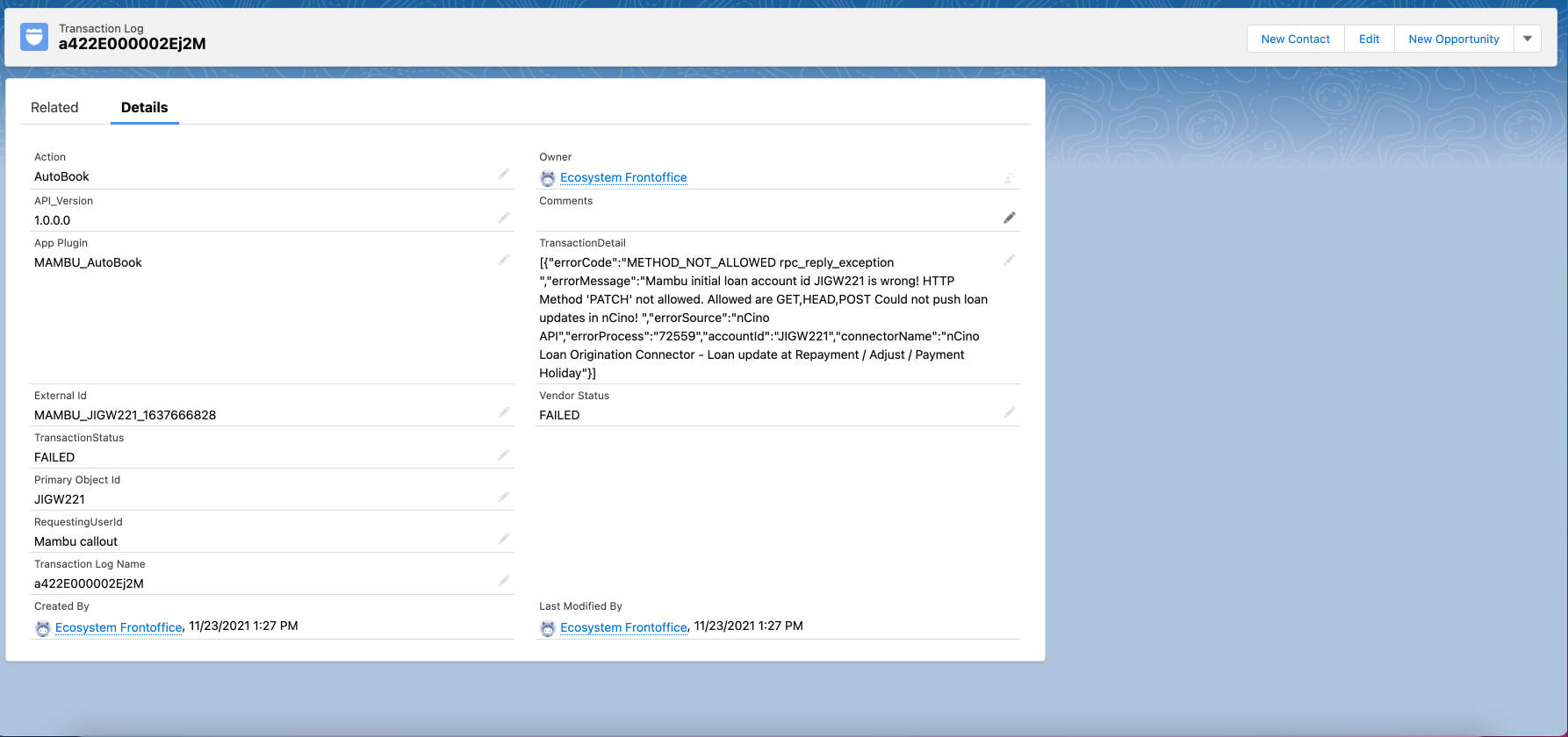 Loan update at Repayment / Adjust / Payment Holiday flow Transaction log details