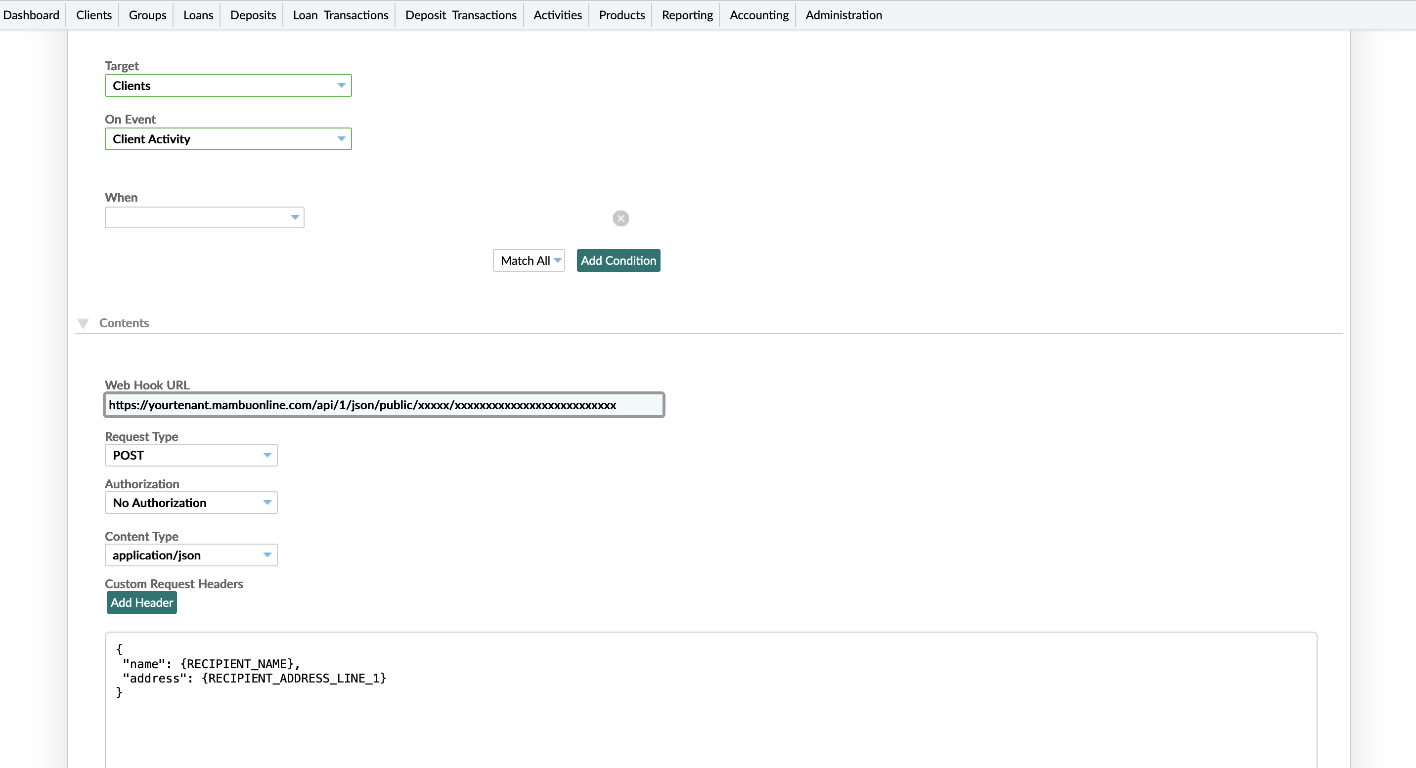 Configuration settings for creating a Mambu webhook that starts a task in MPO