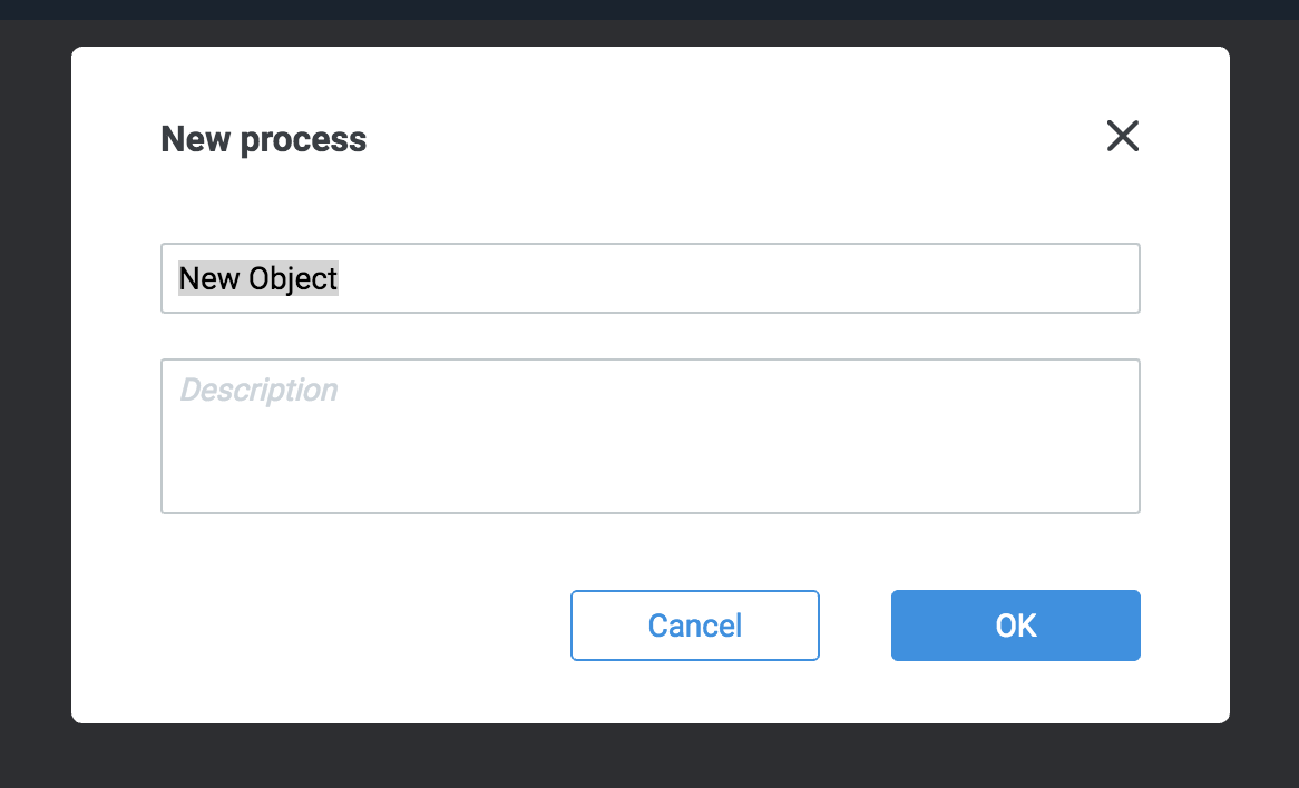 New process screen with fields for process name and description