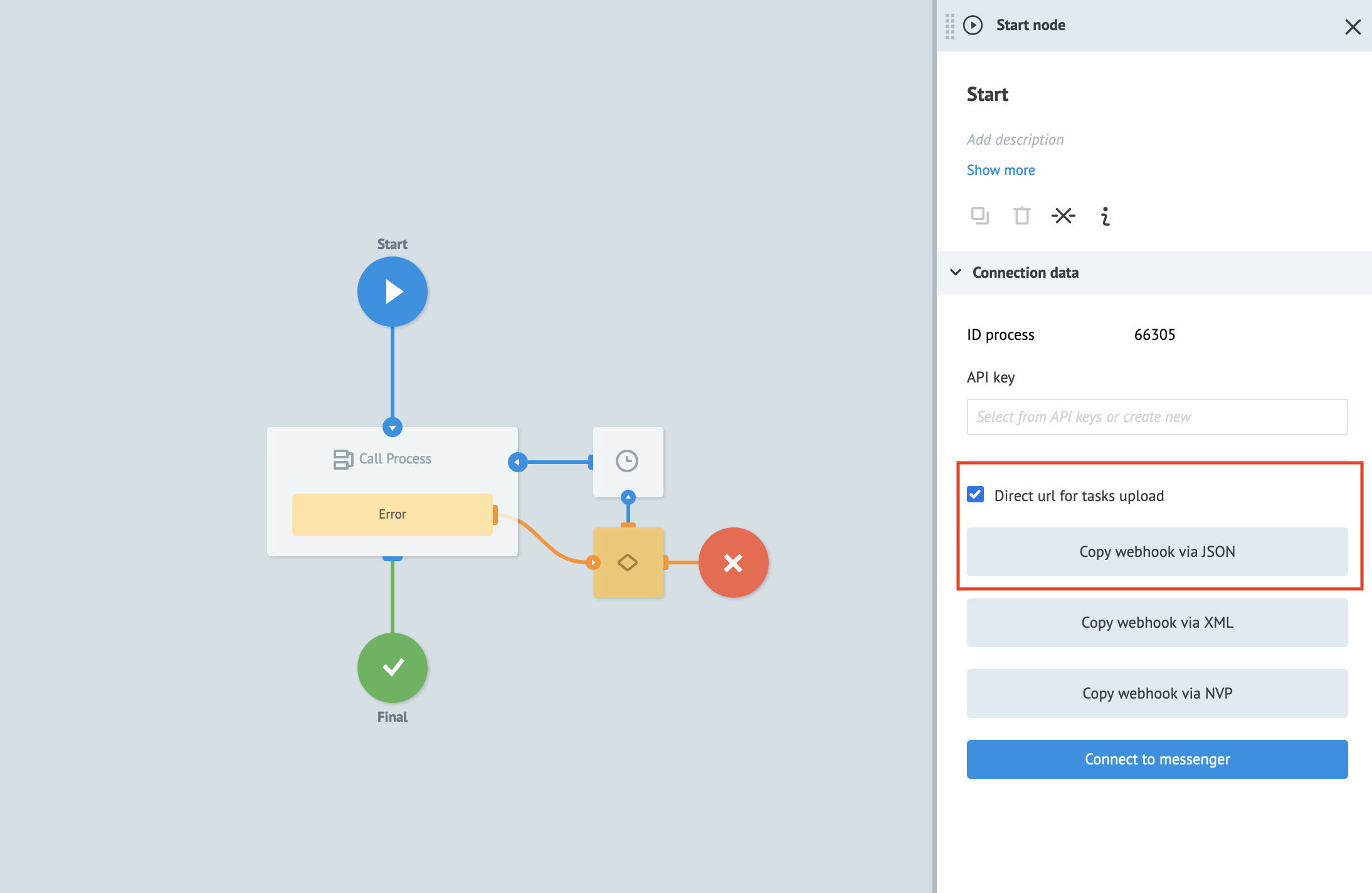 The Copy Webhook via JSOn button highlighted in the MPO UI